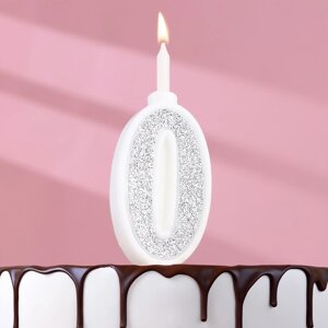 Свеча для торта "Суперблеск", 10,4 см, цифра "0", серебряная блестка