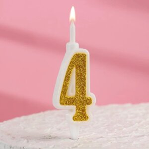 Свеча для торта "Суперблеск", 10,4 см, цифра "4", золотая блестка