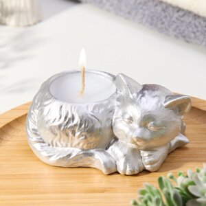 Свеча "Кошка" в подсвечнике из гипса,8,5х13х7см, серебро