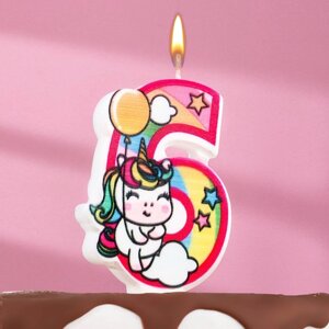 Свеча в торт "Единорог с шариком", цифра 6, розовый, 6,5 см