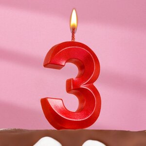 Свеча в торт "Грань", цифра "3", красный металлик, 6,5 см
