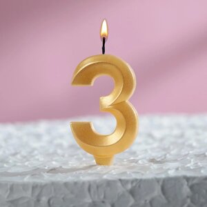 Свеча в торт "Грань", цифра "3", золотой металлик, 6,5 см
