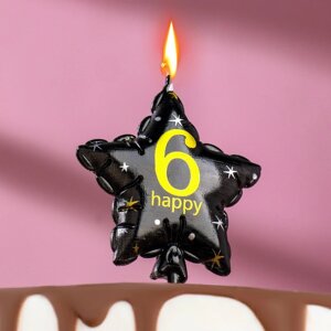 Свеча в торт на шпажке "Воздушный шарик. Звезда", цифра 6, 5,5 см, черная с золотом