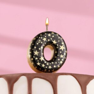 Свеча в торт "Саната", цифра "0", черная с золотыми звездами, 5,5 см