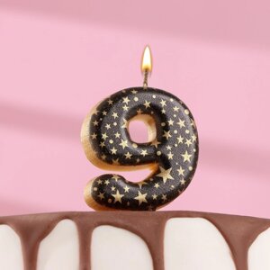 Свеча в торт "Саната", цифра "9", черная с золотыми звездами, 5,5 см