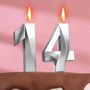 Свеча в торт юбилейная "Грань"набор 2 в 1), цифра 14 / 41, серебряный металлик, 6,5 см