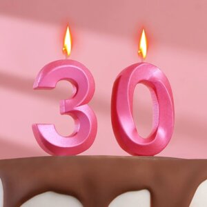 Свеча в торт юбилейная "Грань"набор 2 в 1), цифра 30, розовый металлик, 6,5 см