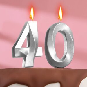 Свеча в торт юбилейная "Грань"набор 2 в 1), цифра 40, серебряный металлик, 6,5 см