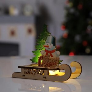 Светодиодная фигура «Сани со снеговиком» 15.5 12 5.5 см, дерево, батарейки LR1130х3, свечение тёплое белое