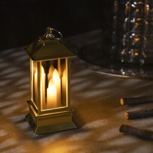Светодиодная фигура «Золотистый фонарь со свечками» 5.5 13 5.5 см, пластик, батарейки AG13х3, свечение тёплое белое