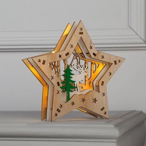 Светодиодная фигура «Звезда с оленем в лесу» 18 18 5 см, дерево, батарейки АААх2 (не в комплекте), свечение тёплое белое