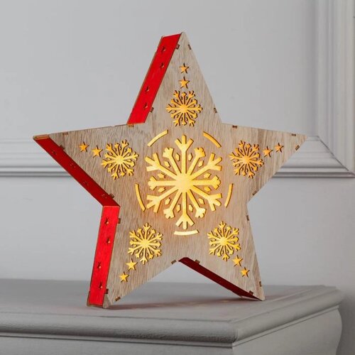 Светодиодная фигура «Звезда со снежинками» 30 30 5 см, дерево, батарейки АААх2 (не в комплекте), свечение тёплое белое