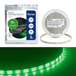 Светодиодная лента Feron 5 м, IP20, SMD2835, 60 LED/м, 4,8 Вт/м, 12 В, свечение зелёное