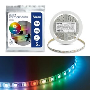 Светодиодная лента Feron 5 м, IP20, SMD5050, 60 LED/м, 14,4 Вт/м, 12 В, свечение RGB