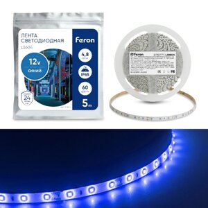 Светодиодная лента Feron 5 м, IP65, SMD2835, 60 LED/м, 4,8 Вт/м, 12 В, свечение синее