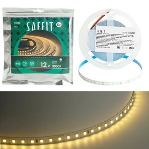 Светодиодная лента Saffit, 5 м, SMD2835, 120 LED/м, 9,6 Вт/м, 12В, свечение тёплое белое