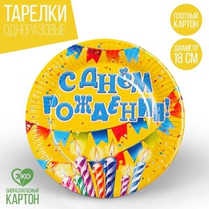 Тарелка одноразовая бумажная "С днем рождения" свечи и гирлянда (набор 6 шт)