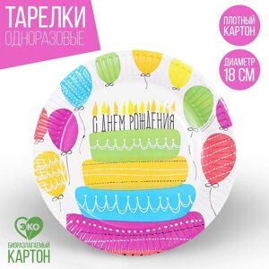 Тарелка одноразовая бумажная "Сднем рождения, торт "18 см)