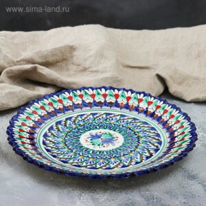 Тарелка Риштанская Керамика "Цветы", синяя, рельефная, 27см