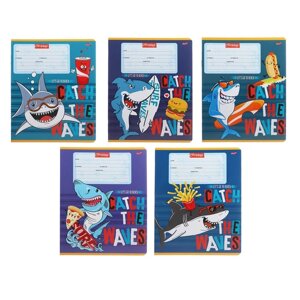 Тетрадь 12 листов в клетку "Акула-сёрфер", обложка мелованный картон, блок офсет, МИКС