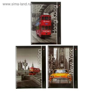 Тетрадь А4, 80 листов в клетку на гребне "Города", обложка мелованный картон, глянцевая ламинация, МИКС