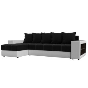 Угловой диван «Дубай», еврокнижка, левый угол, цвет чёрный микровельвет / белая экокожа