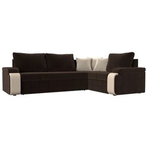 Угловой диван «Николь», дельфин, правый, микровельвет / экокожа, цвет коричневый / бежевый