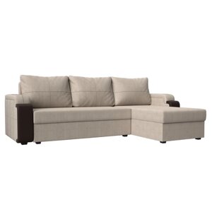 Угловой диван «Николь лайт», правый, еврокнижка, рогожка / экокожа, бежевый / коричневый
