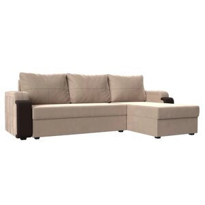 Угловой диван «Николь лайт», правый, еврокнижка, велюр / экокожа, бежевый / коричневый