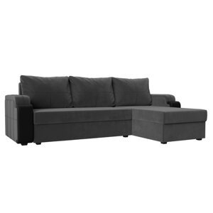 Угловой диван «Николь лайт», правый угол, еврокнижка, велюр / экокожа, цвет серый / чёрный