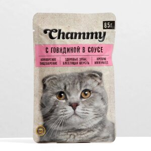 Влажный корм Chammy для кошек, говядина, кусочки в соусе, пауч, 85 г