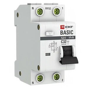 Выключатель автоматический дифференциального тока 2п (1P+N) C 32А 30мА тип AC 4.5кА АД-12 Basic EKF DA12-32-30-bas