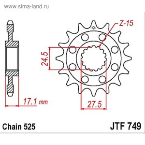 Звезда передняя ведущая стальная JTF749, цепь 525, 15 зубьев