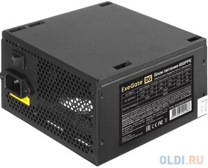 Блок питания 600W exegate 600PPE (ATX, APFC, PC, кпд 80%80 PLUS), 12cm fan, 24pin,4+4) pin, pcie, 5xsata, 3xide, FDD, black, кабель 220V в комплект