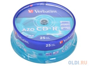 Диски CD-R 80min 700Mb Verbatim 52x 25 шт Cake Box Crystal AZO 43352