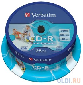 Диски CD-R 80min 700Mb Verbatim 52x 25 шт Cake Box DL, Printable 43439