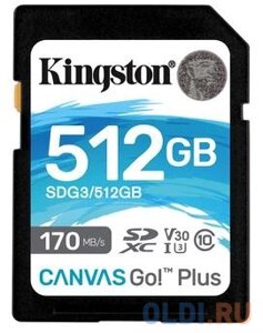Флеш карта SDXC 512gb kingston SDXC, UHS-I class U3 V30, чтение: 170мб/с, запись: 90мб/с SDG3/512GB