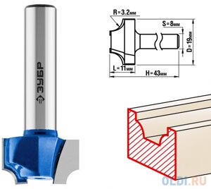 Фреза пазовая фасонная №1, D= 19мм, рабочая длина-11мм, радиус-3,2мм, хв. 8 мм, ЗУБР Профессионал