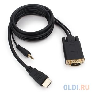 Кабель HDMI-VGA Cablexpert, 19M/15M + 3.5Jack, 1.8м, черный, позол. разъемы, пакет