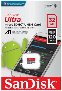 Карта памяти sandisk 32GB ultra microsdhc A1, UHS-I class 1 (U1), class 10 sdsqua4-032G-GN6mn