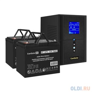 Комплект ибп EX295987RUS + батарея 75aч EX282983RUS 2шт (инвертор, синус, для котла) exegate sinetower SZ-1000. LCD. AVR. 2SH. 1C13. USB 1000VA/800W, ч