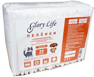 Пеленки Glory Life c суперабсорбентом и липким фиксирующим слоем одноразовые для животных белые 20 шт 60x60 см