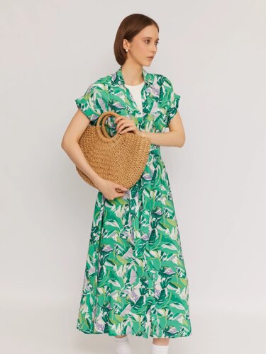 Платье-рубашка из вискозы с тропическим принтом и поясом