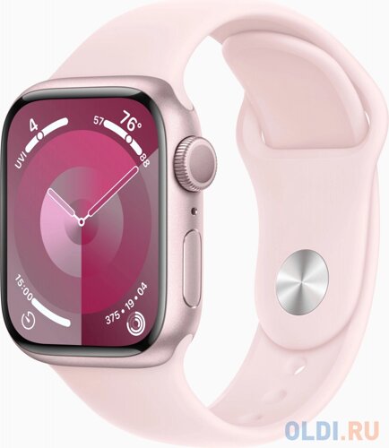 Смарт-часы Apple Watch Series 9 A2978 41мм OLED корп. розовый Sport Band рем. светло-розовый разм. брасл. S/M (MR933LL/A)