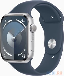 Смарт-часы Apple Watch Series 9 A2980 45мм OLED корп. серебристый Sport Band рем. синий разм. брасл. 160-210 мм (MR9E3ZP/A)