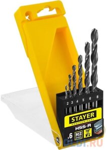 STAYER HSS-R, 6 шт,2-8 мм), быстрорежущая сталь P6M5, класс В, набор сверл по металлу, Professional (29602-H6)
