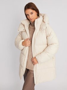 Тёплая куртка-пальто из экокожи с капюшоном