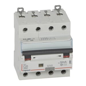 Автоматический выключатель дифференциального тока (АВДТ) Legrand DX3, 20A, 30mA, тип AC, кривая отключения C, 4 полюса, 6kA, электро-механического тип