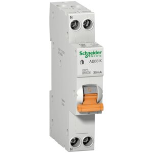 Автоматический выключатель дифференциального тока (АВДТ) Schneider Electric Domovoy, 20A, 30mA, тип AC, кривая отключения C, 2 полюса, 4,5kA, электрон