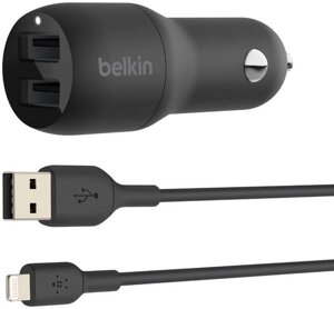 Автомобильное зарядное устройство Belkin 2 x USB-A, 12Вт x 2, кабель Lightning 1 м черный